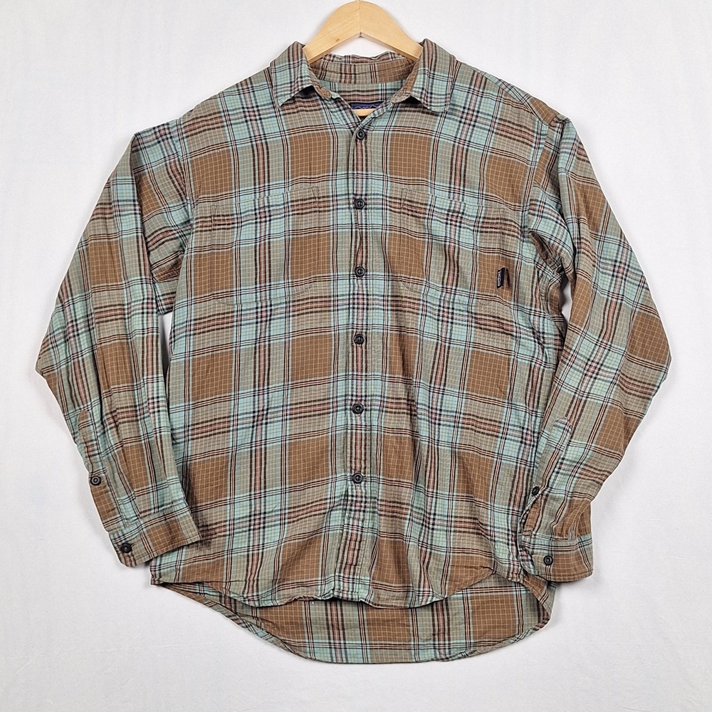 Patagonia Organic Cotton Plaid Button Down Shirt Brown Blue Mens S